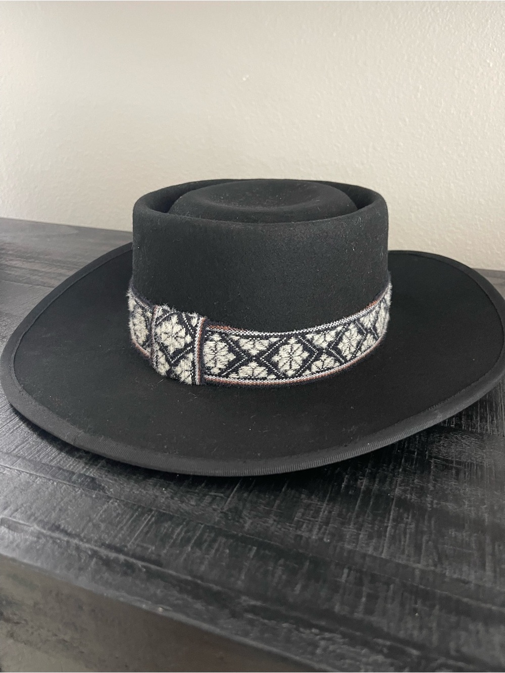 Black Wool Flat Crown Hat with Decorative Band